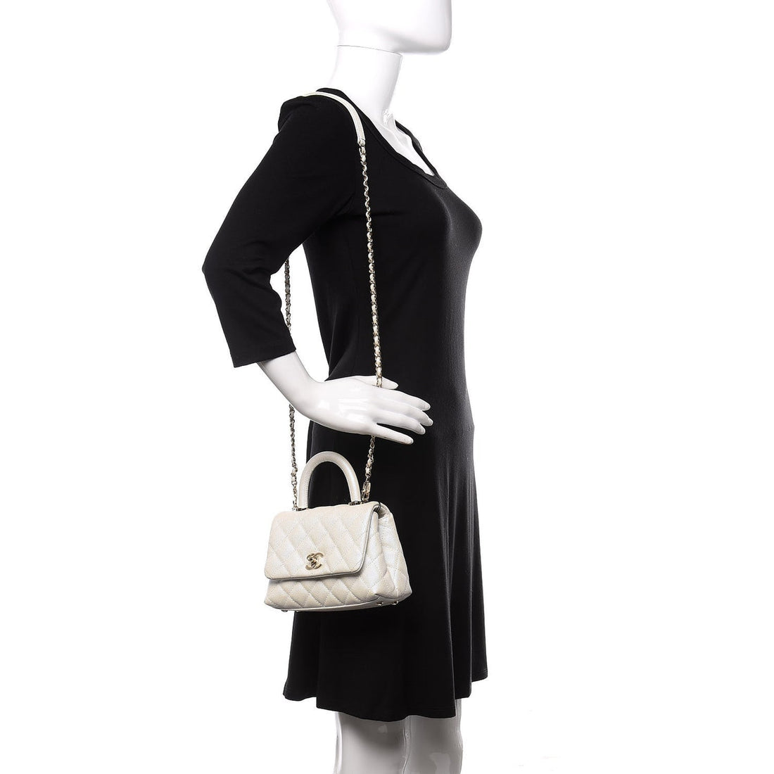 Elegant Iridescent Caviar Quilted Mini Coco Handle Flap White - ThePoshLabel