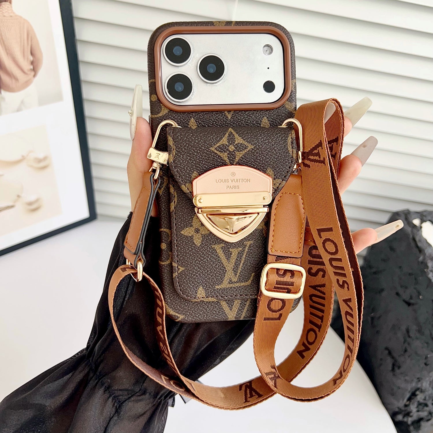 Luxury Crossbody iPhone Case with Card Pocket &amp; Detachable Strap