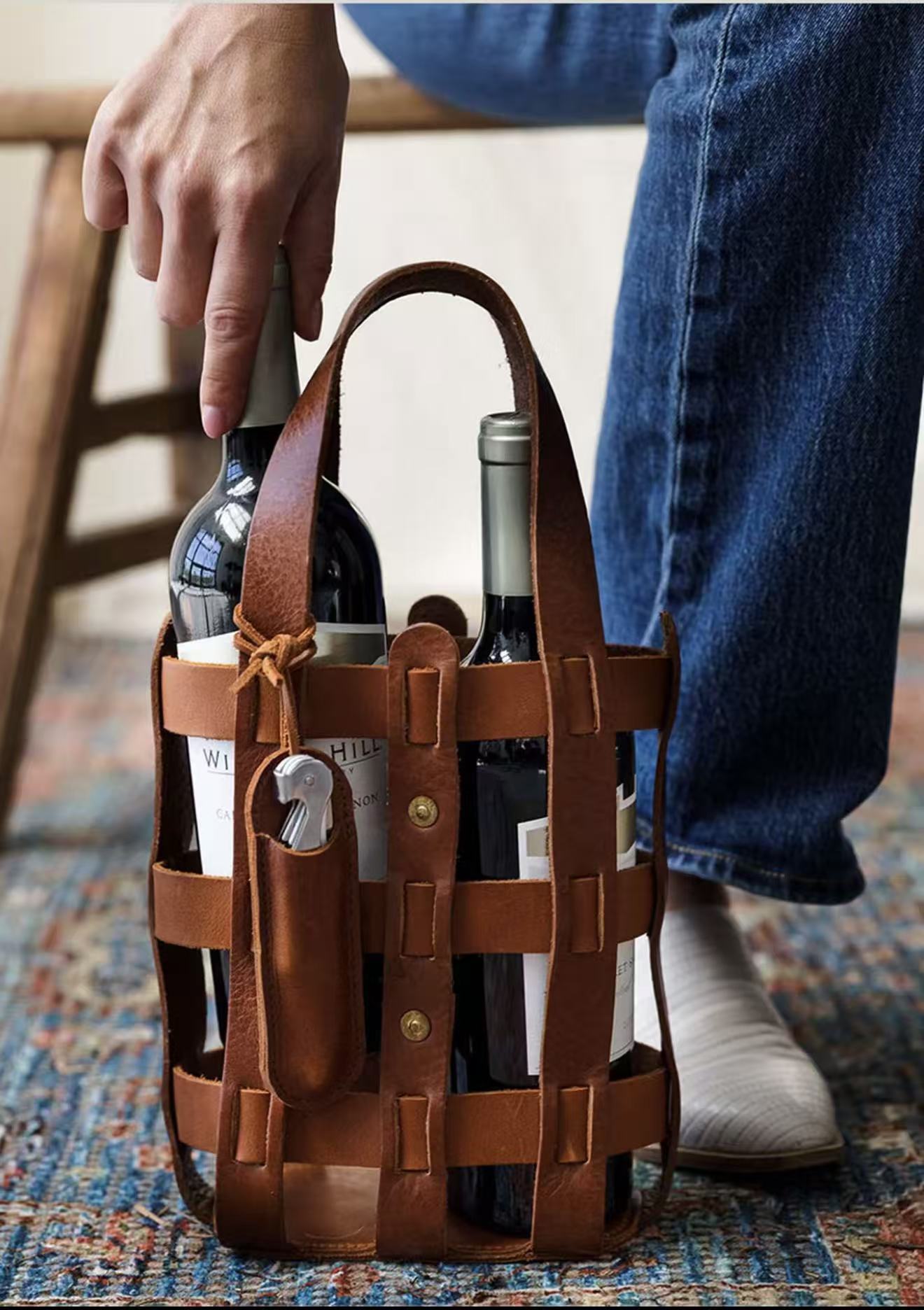 Hide &amp; Drink, Double Wine Bottle Carrier, Travel Purse, Full Grain Leather