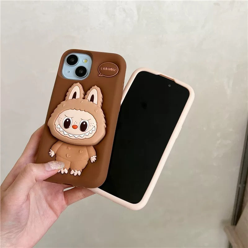 Cute Cartoon Labubu Zimomo Silicone with Stand | Brown/Pink - iPhone Case