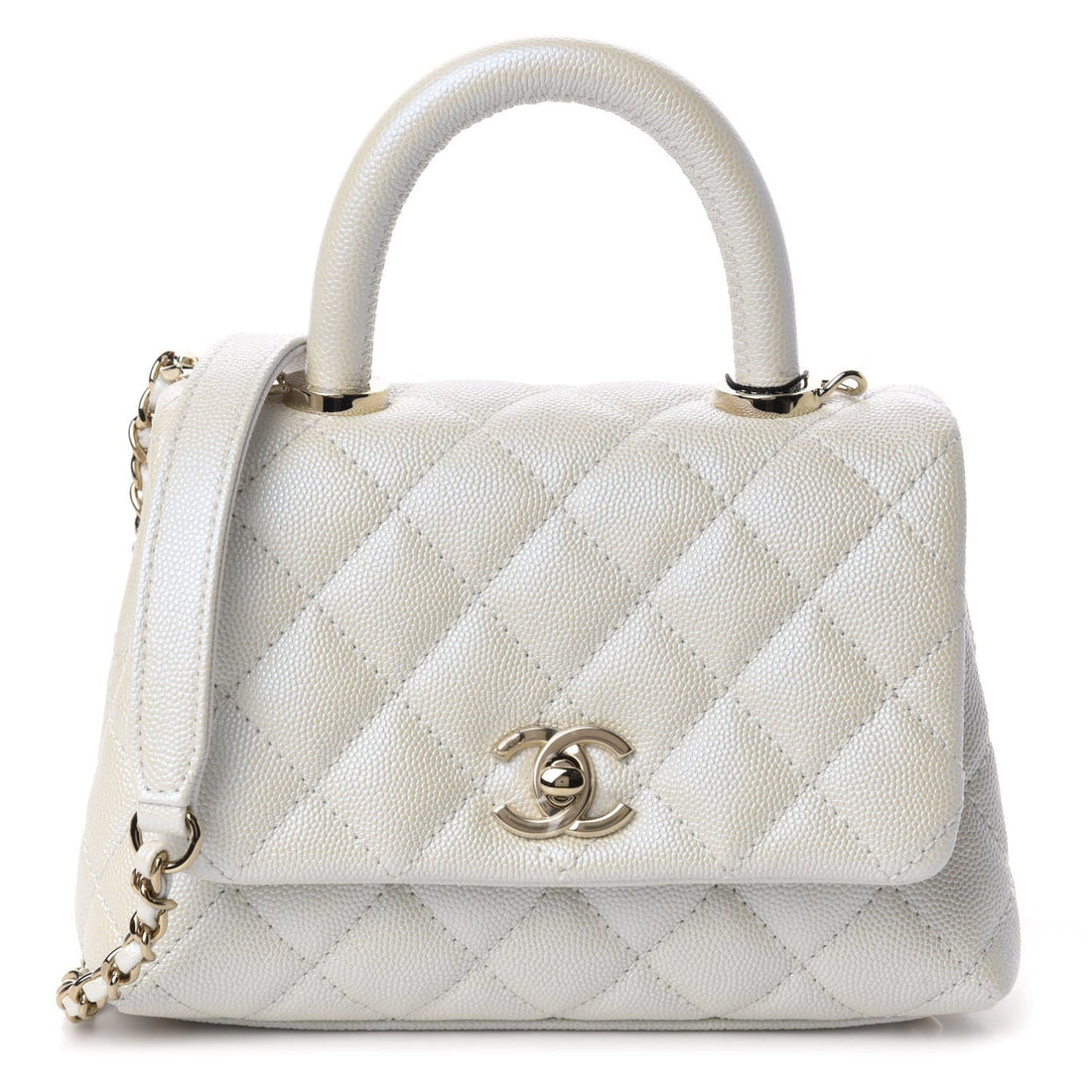 Elegant Iridescent Caviar Quilted Mini Coco Handle Flap White - ThePoshLabel